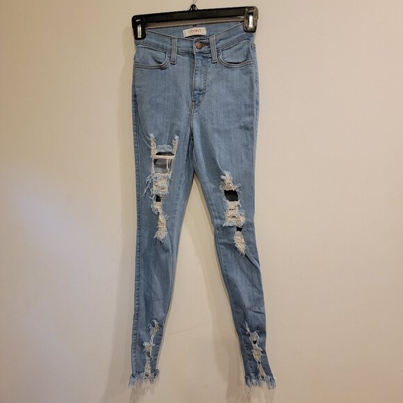 Vibrant MIU Acid Wash Distressed Ripped Skinny Stretch Raw Hem Jeans Size 1 W24 - Picture 1 of 6